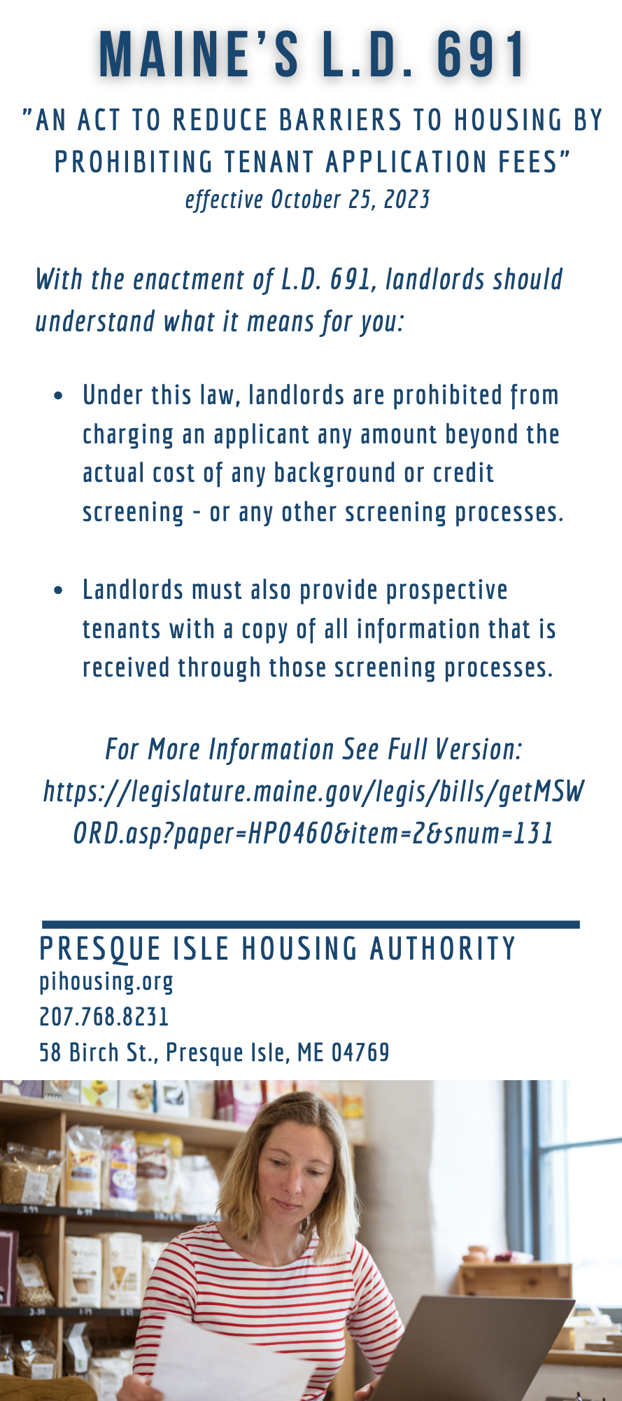 Maine's L.D. 691 An act to reduce barriers to housing by prohibiting tenant application fees effective October 25, 2023